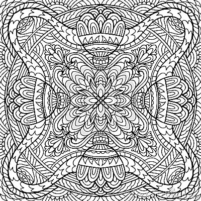 Square mandala with folk style floral ornaments drawn on a white background for coloring, vector, coloring book pages, mandala Vector Illustration